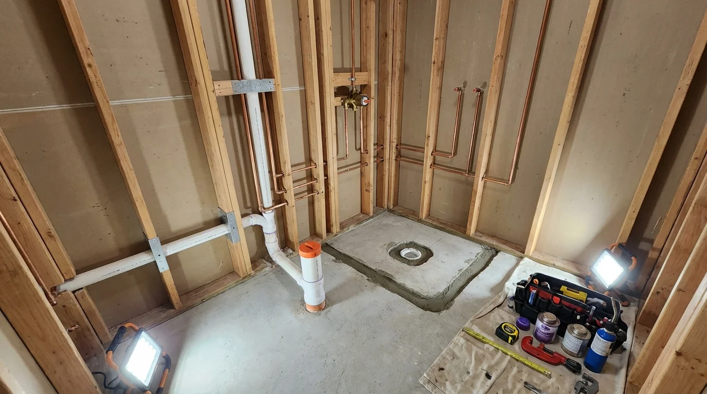 Bathroom rough-in plumbing during remodel by Johns Plumbing LLC in Readfield