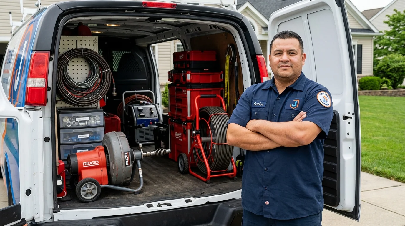 Professional drain cleaning equipment and Johns Plumbing LLC plumber in Readfield