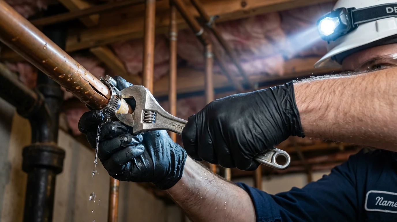 Emergency pipe clamp repair being performed by a Johns Plumbing LLC plumber in Readfield