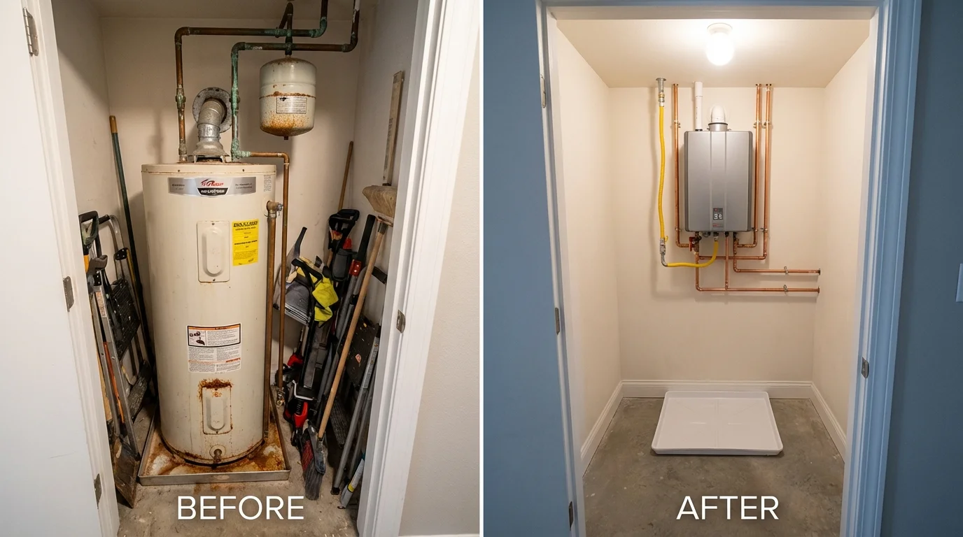 Tank water heater versus wall-mounted tankless unit comparison for Readfield, ME homeowners