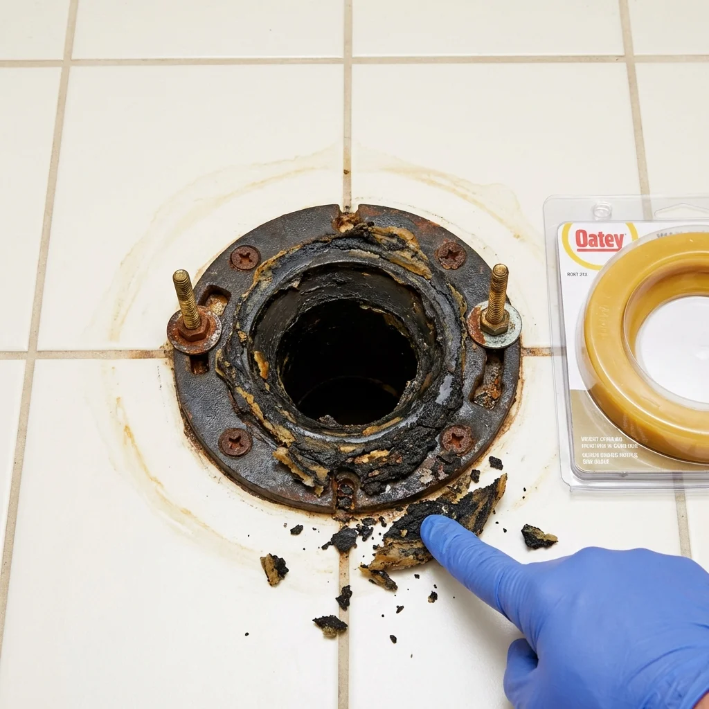Failed wax ring showing water seepage at the base of a toilet in a Readfield, ME home