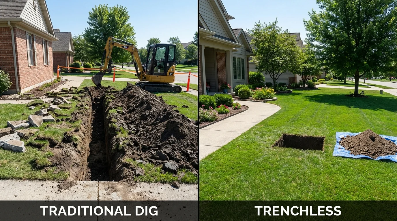 Trenchless sewer repair with minimal yard damage versus traditional excavation in Readfield, ME