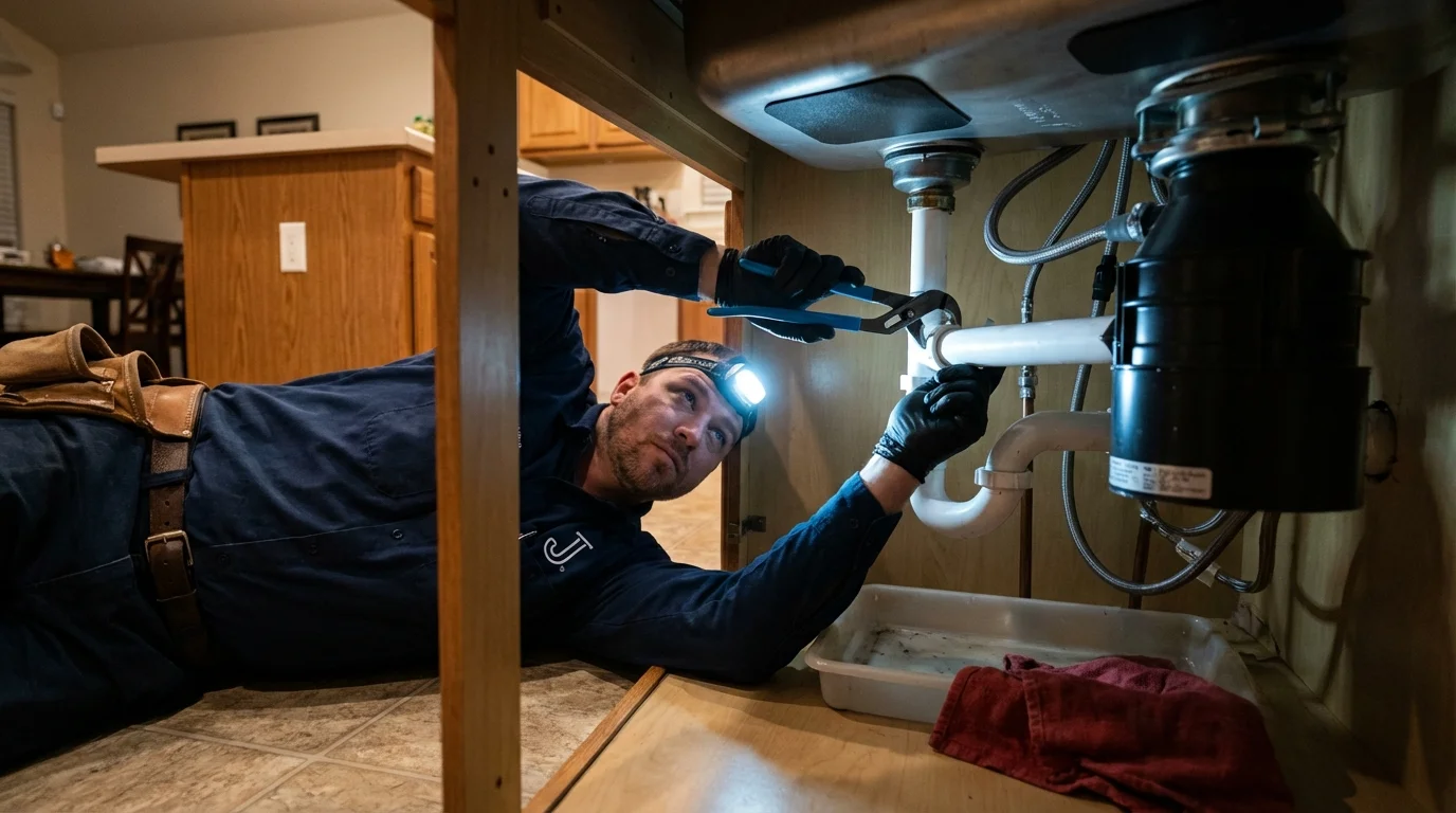 P-trap and supply line connections under a kitchen sink showing a common leak point in Readfield, ME